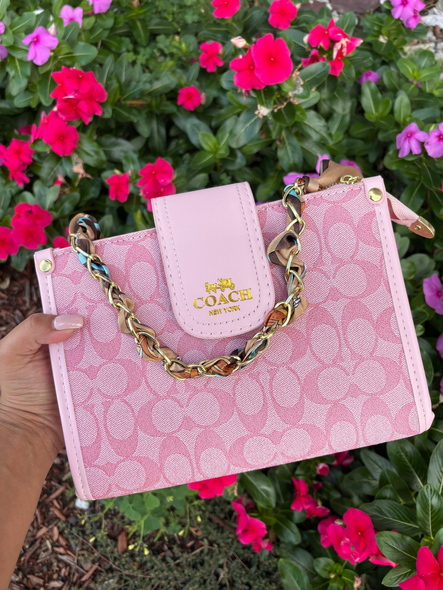 Pink Purse with Gold Chain and Strap