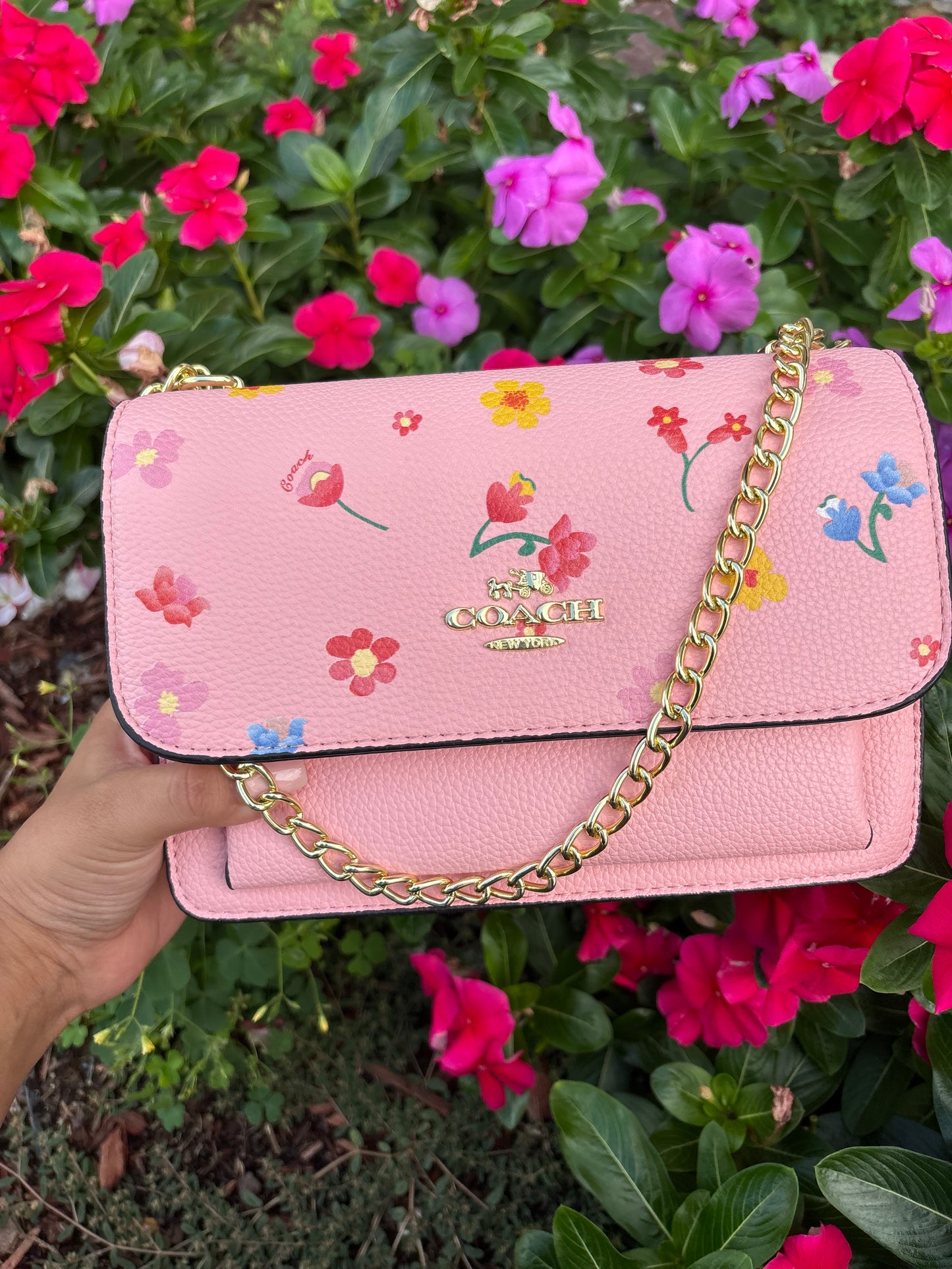 Pink Floral Crossbody with Gold Chain